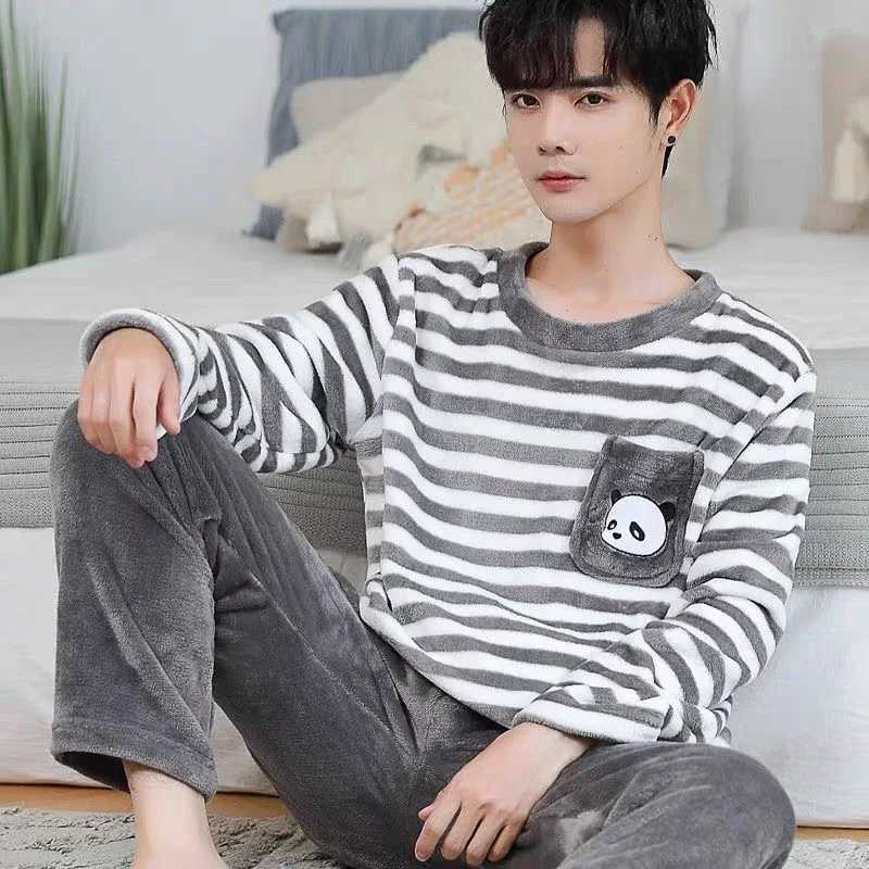 Korean cartoon Kawaii cute bear print pajamas set for mens crew neck stripe design casual home wear autumn and winter cotton pajamas W241221