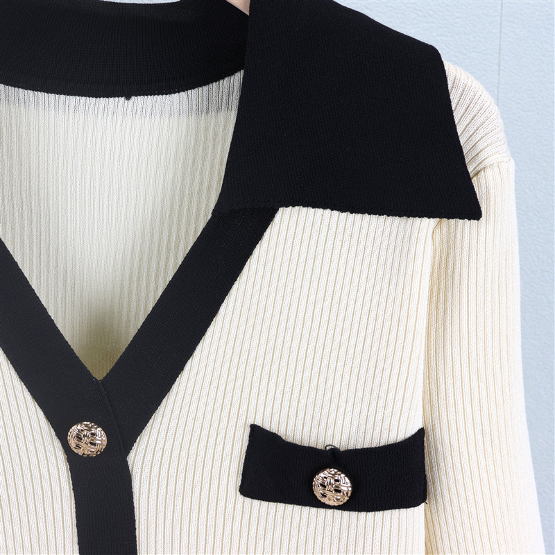 Knitting Women V-Neck Long-Sleeved Slim Elegant Casual Button Dress new France High-Quality Mid Length Skirt