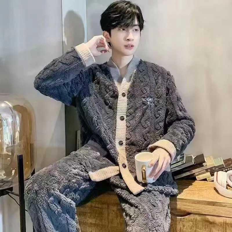 2023 new autumn sleepwear mens winter wool sleepwear thick casual wear wool three piece craft jacquard sleepwear warm set W241221