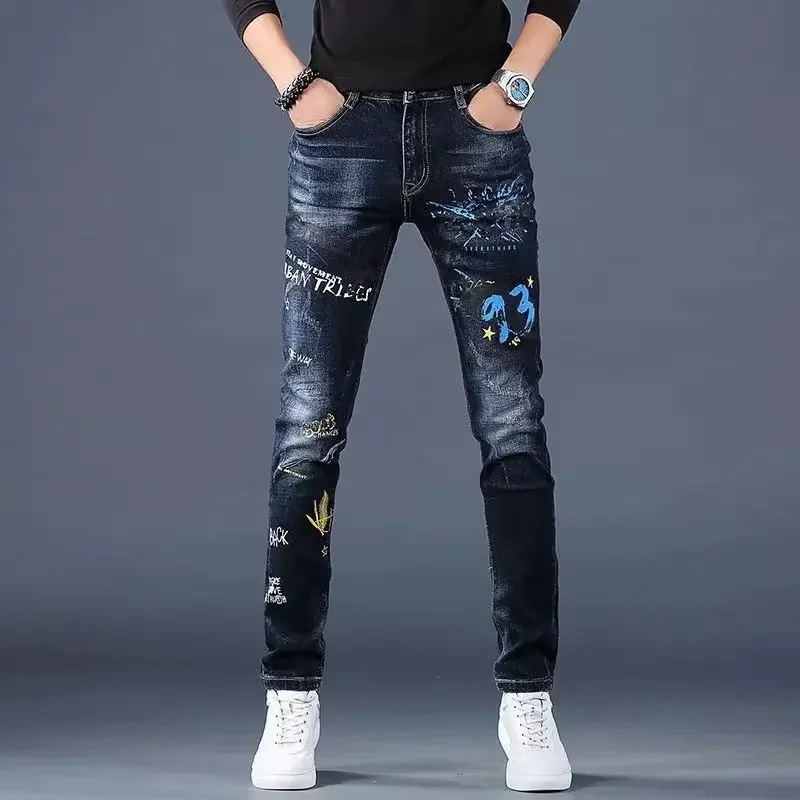Trousers Ripped Black Jeans for Men Graphic Male Cowboy Pants Broken Tight Pipe with Holes Skinny Slim Fit Torn Trend Goth 241218