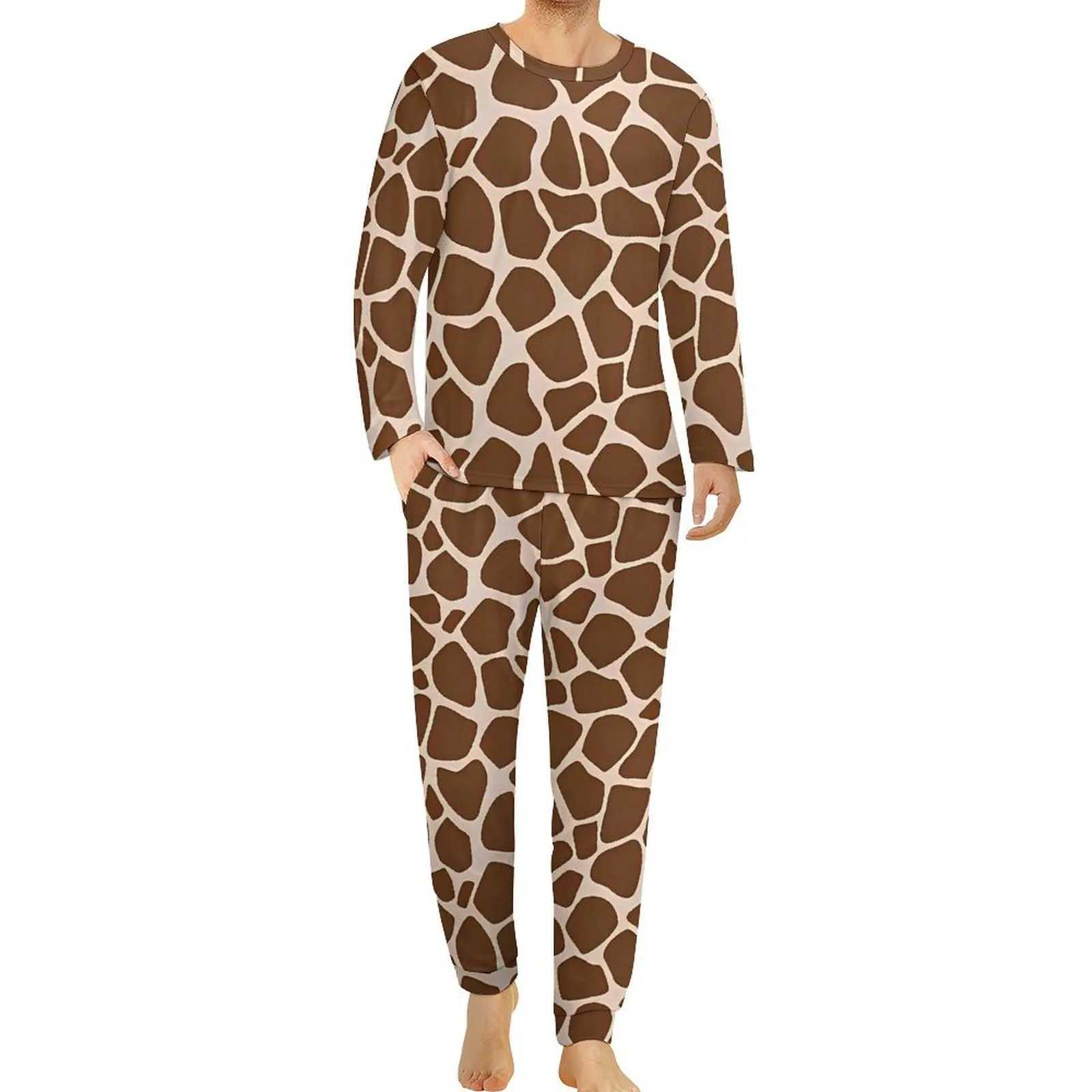 Giraffe printed pajamas autumn 2-piece cute brown animal skin pajamas set mens long sleeved aesthetic graphic pajamas large size W241221