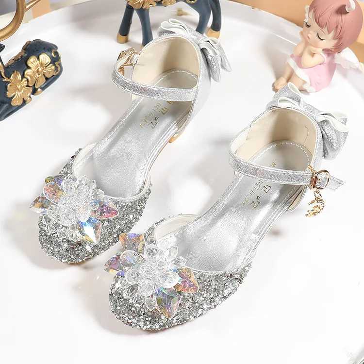 Sneakers Girls Princess Shoes Performance Crystal Shoes Summer Children High Heels Model Walking Show Performance Leather H241221