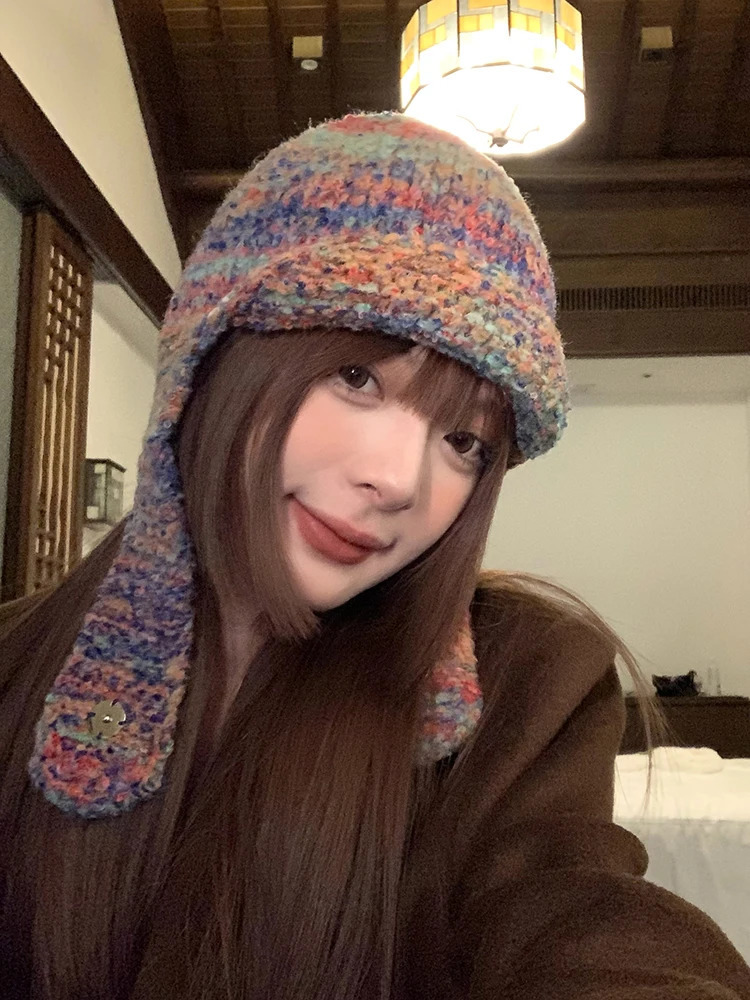 Niche retro handmade knitted hat for women automatic winter wool hat color comparison warm earmuffs flying hat Lei Feng hat for men 241220