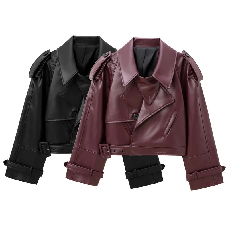 HXAO Leather Cropped Jacket Womens Bomber DemiSeason Outerwears Moto Biker Zipper Pu Streetwear Coat 241216
