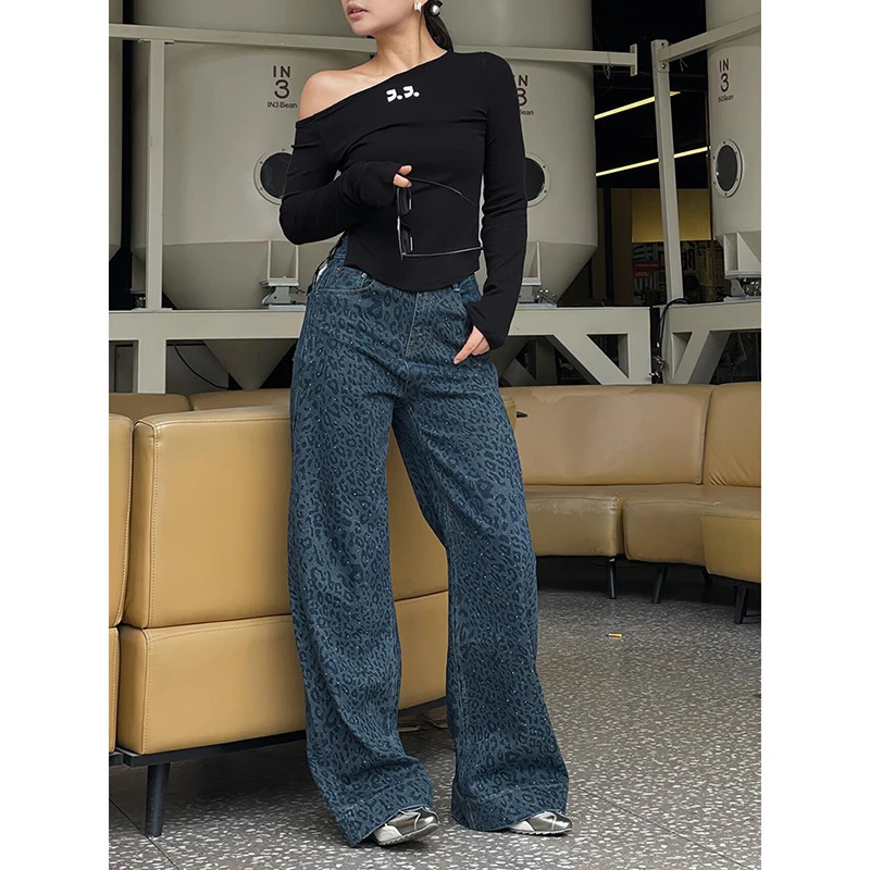 Womens Retro Wide Leg Baggy Blue Casual Denim Trouser Harajuku Aesthetic High Waist Loose Jeans Autumn Leopard Print Pant 241220