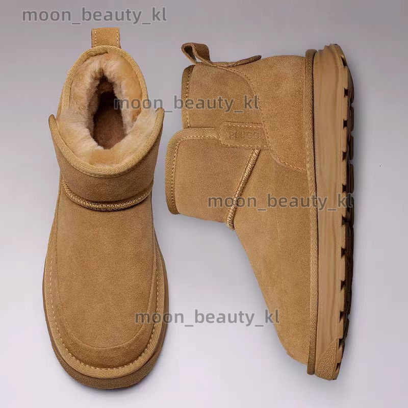 designer boot Men's New Snow Boots With No Lace Up Cover, Fur And Leather Integrated, Winter Plush Warm Cotton Boots, Thickened Mid Top For Casua