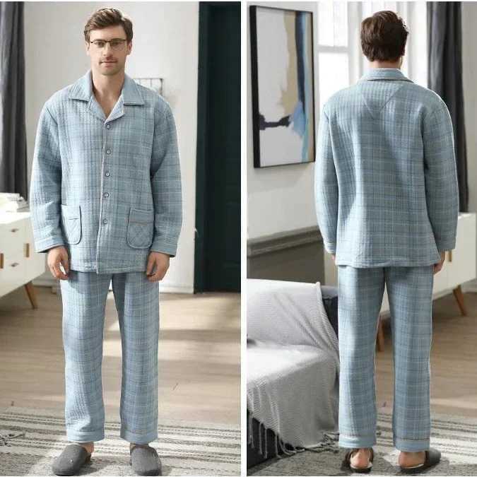 Autumn and winter thick mens sleepwear set simple warm sleepwear cotton top casual jacket soft plus size casual wear 2024 W241221