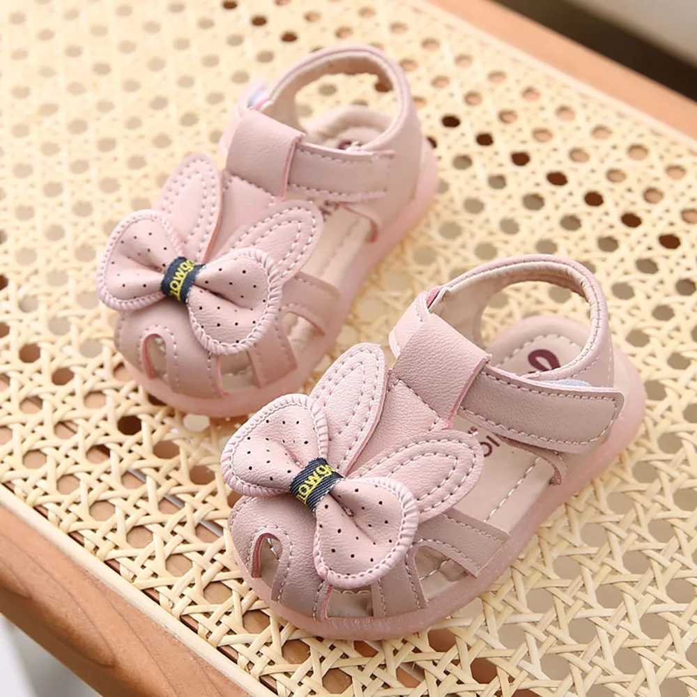 Sneakers PU Leather Summer Sandals For Kids Cute Bow Soft-soled Toddler Shoes Travel Outdoor Beach Sandals For Girls Princess Footwear H241221