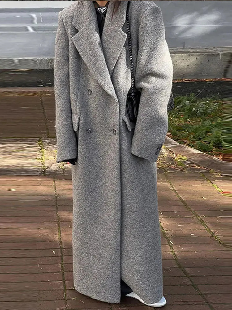 Fashion Turn Down Collar Coat Women Autumn Winter Elegant Long Sleeve Lady Coats Chic Pocket Female Double Breasted Jacket 241216