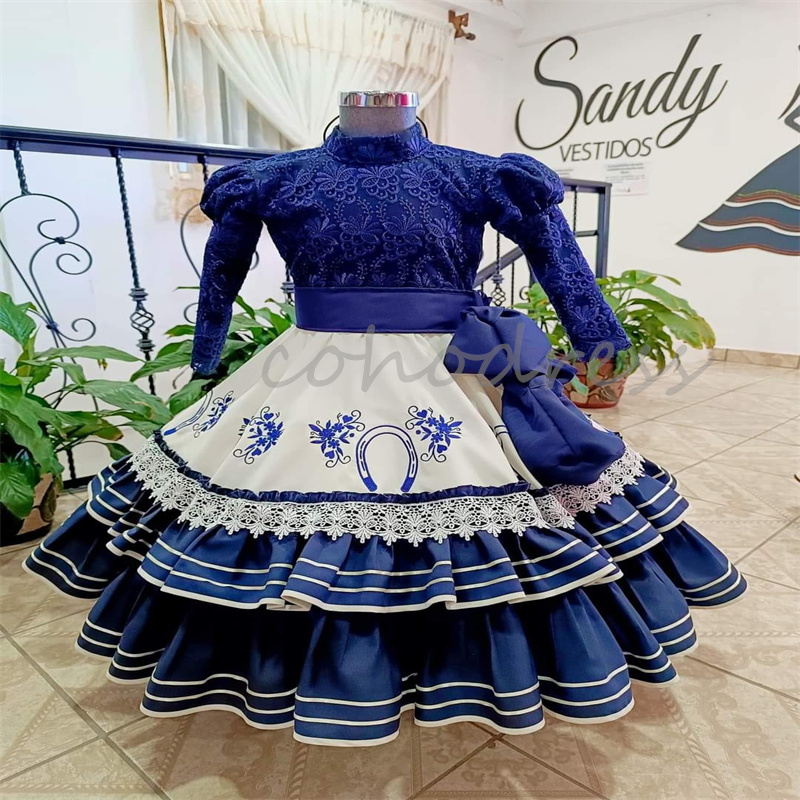 Luxury Mexican Flower Girls Dress A Line Long Sleeve Lace Navy Birthday Dress Mariachi Kid Embroidery Pageant Party First Holy Communion Dress Caramuz
