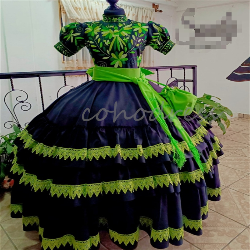 Mexican Black And Green Quinceanera Dresses Short Sleeve Charro Embroider Birthday Party Gown With Bow Vestidos De 15 Anos Xv Debutante Halloween Cosp