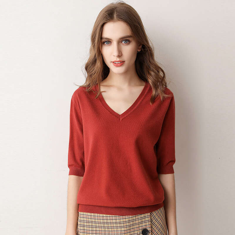 Spring Summer New Short Sleeve Cashmere Sweater Women's Low Collar Loose V-Neck Knit Bottoming Shirt Female Pullover Tops