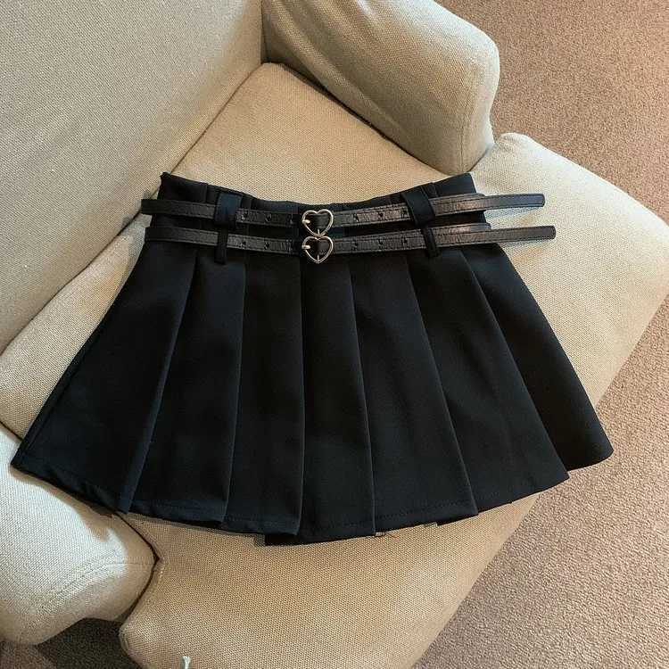 Women Pleated Mini Skirt with Dual Heart Belt for Teen-girl High Waist Tennis Skirt Preppy Summer Y2K OutfitXJ241221