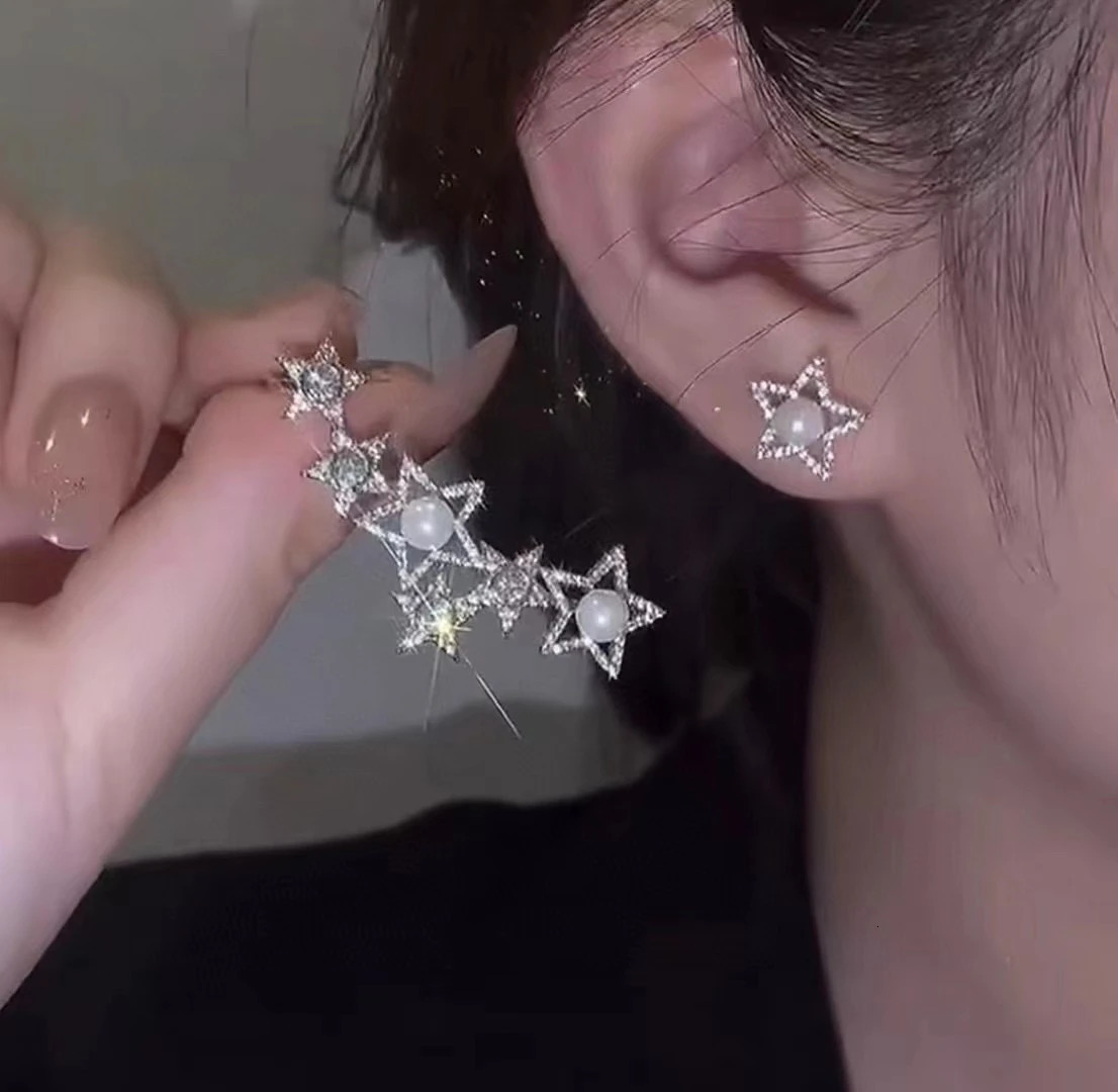 Fashion Ladys Pentagram Star Ear Sweep Wrap Cuff Earrings Bridal Jewelry Paved Cubic Zirconia Jewelry Climber Pearl Earrings 241220