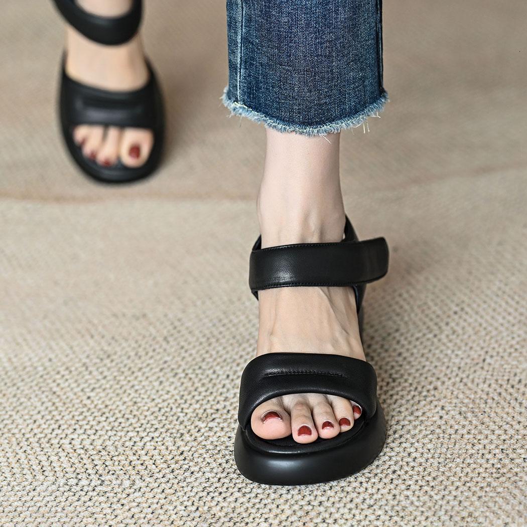Thick soled high for women's 2024 summer new soft leather thick heels with raised waterproof platform, black open toe sandals #50 ddmykukumalu