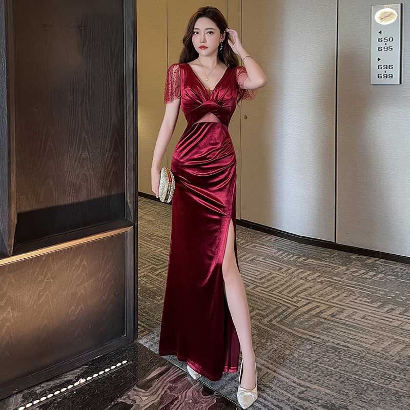 L9253 Autumn and winter velvet evening dress sexy slim fit long dress