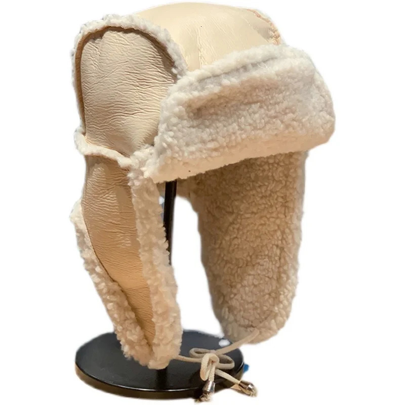 Lei Feng Hat Womens Winter Sheepskin Thick Warm Hat Ear Hood Protective Hat Leather Snow Hat with Ear Hood Windproof Warm Hat 241220