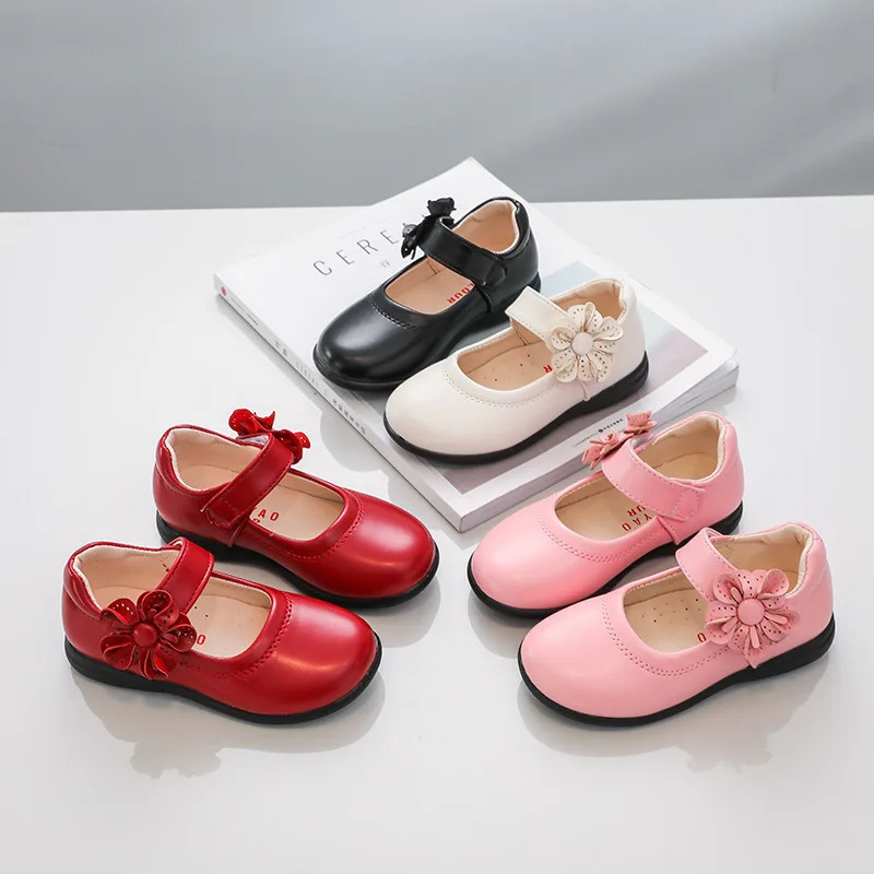 Girls Black Leather Shoes for School Party Flowers Floral Flats for Medium Big Kids Childrens Princess Sweet Mary Janes Fashion 241220