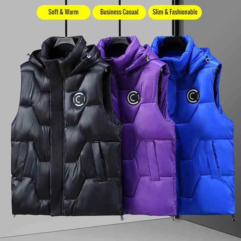 2025 New In Men Padded Vest Winter Hooded Zip-up Sleeveless Jacket Male Autumn Warm Blue Golf Wear Waistcoat Big Plus Size 12XL