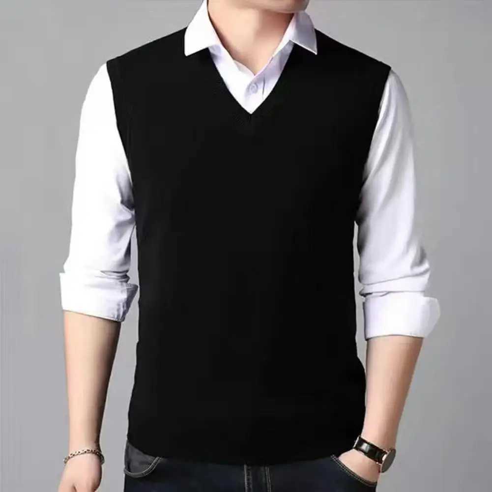 Solid Color Sleeveless Vest Knitted Vest Versatile Mid-aged Mens V-neck Knitted Sweater Vest Slim Fit Sleeveless PulloverXJ241221