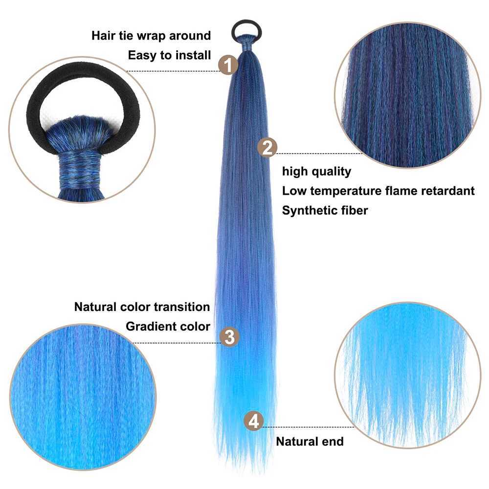 DIY 26 inch ponytail extension with elastic tie straight Sleek wrap braid yellow blue gradient ponytailXJ241221