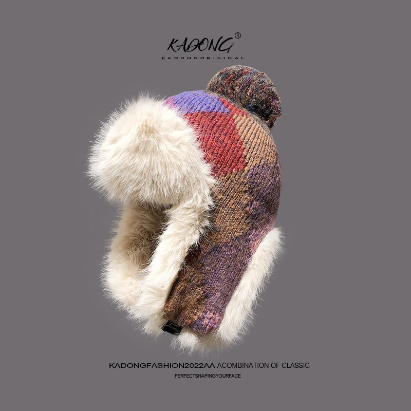 Japanese plush plain weave mens and womens Lei Feng hats imitating rabbit fur for warmth and ear protection knitted Russian hats 241220