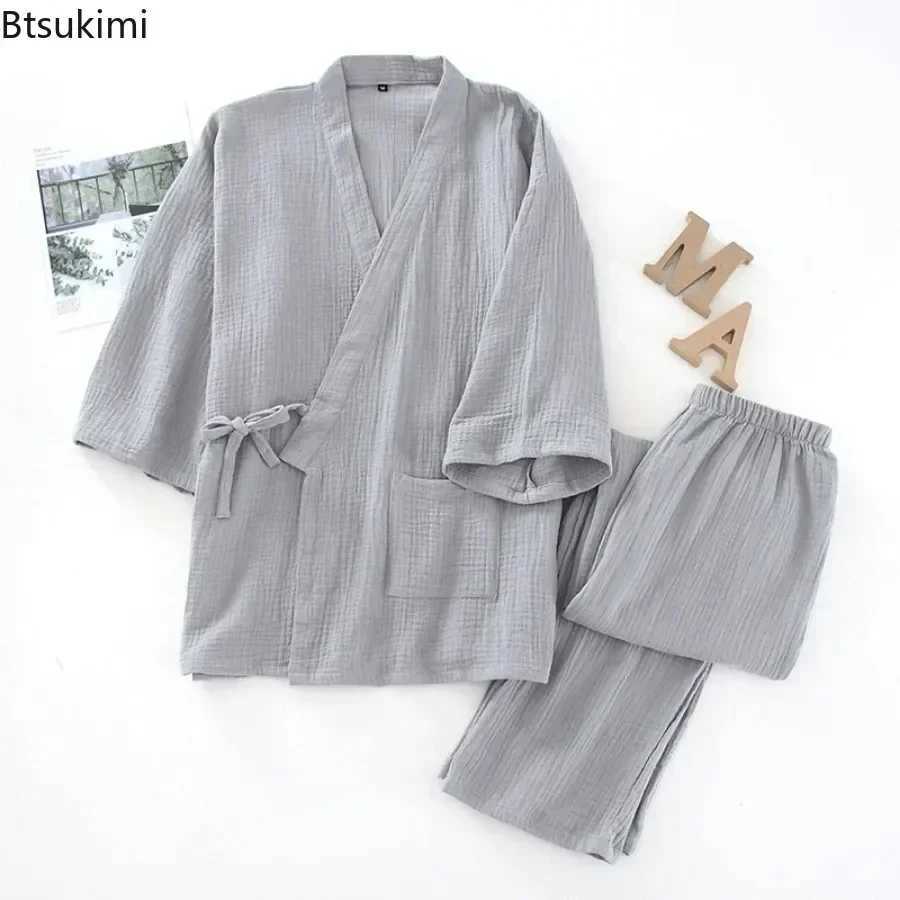 2025 mens cotton pajamas loose bathroom V-neck kimono pajamas one-third set lace top+mens casual pants set W241221