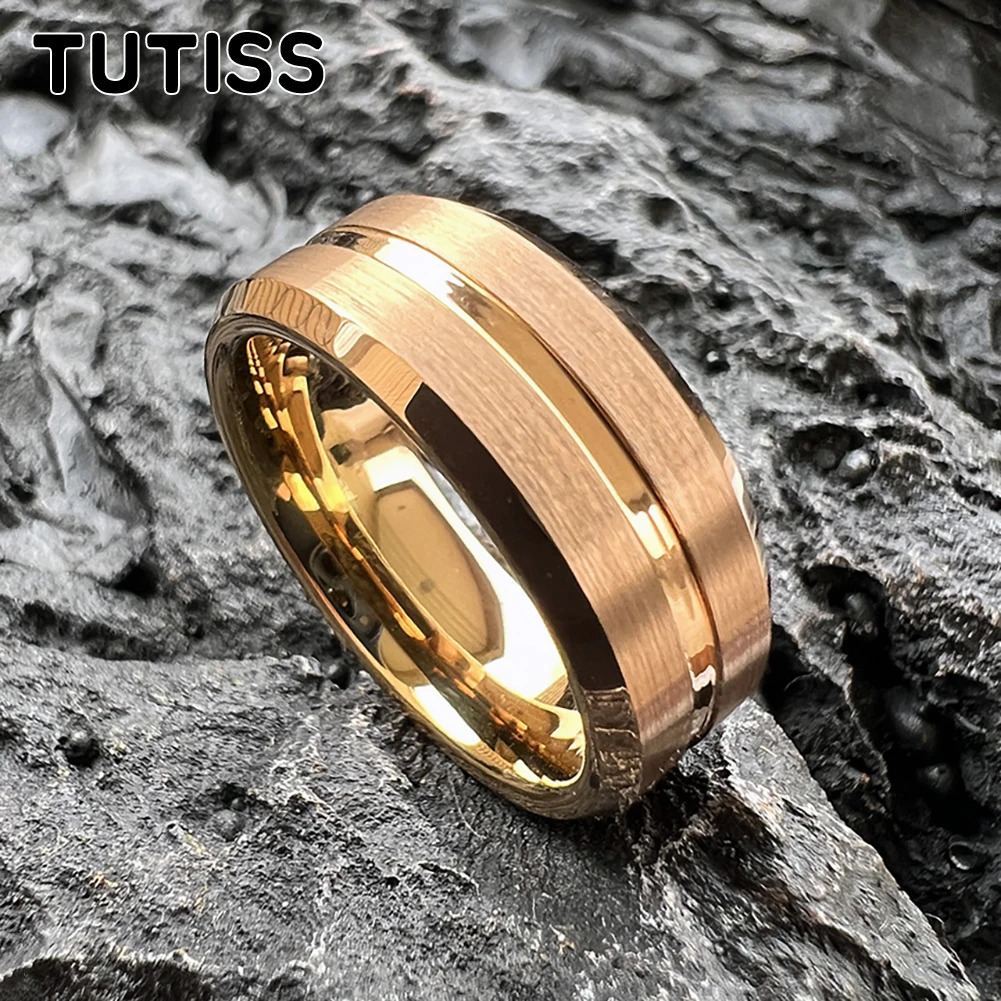 TUTISS 8mm Artificial gold Rose Color Tungsten Carbide Ring Men Women Wedding Band Center Groove Brushed Beveled Edges 241220