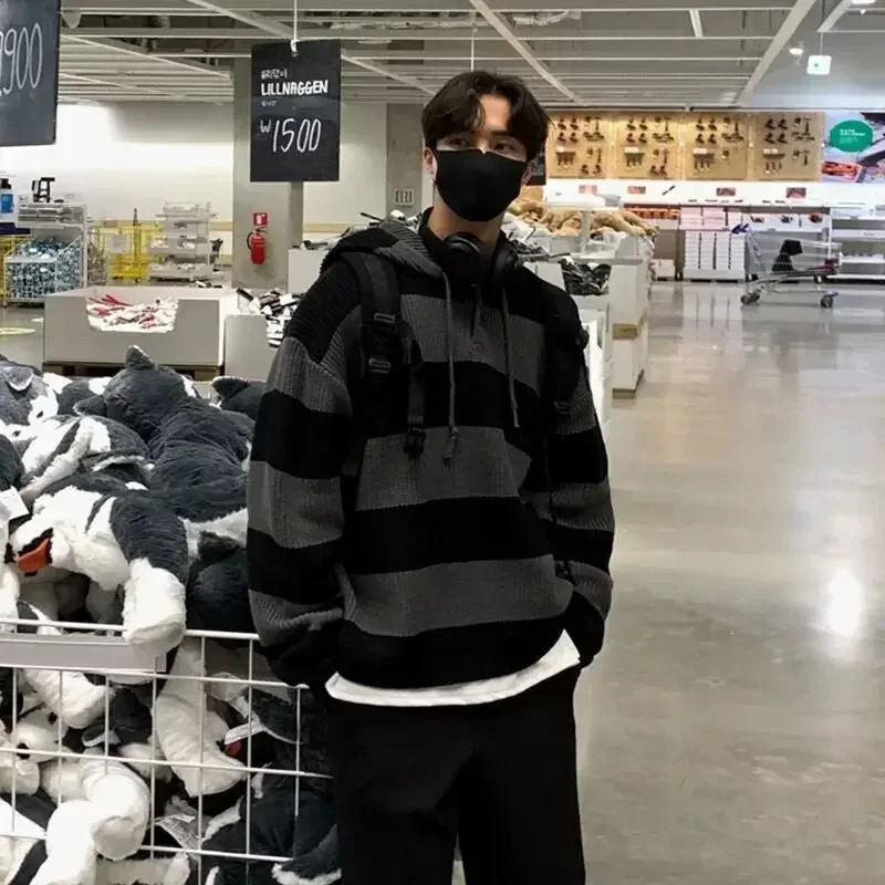 Knit Sweater Male Loose Fit Striped Mens Clothing Black Spliced Pullovers Korean Fashion Hoodies Y2k Streetwear in Tops A V 241220