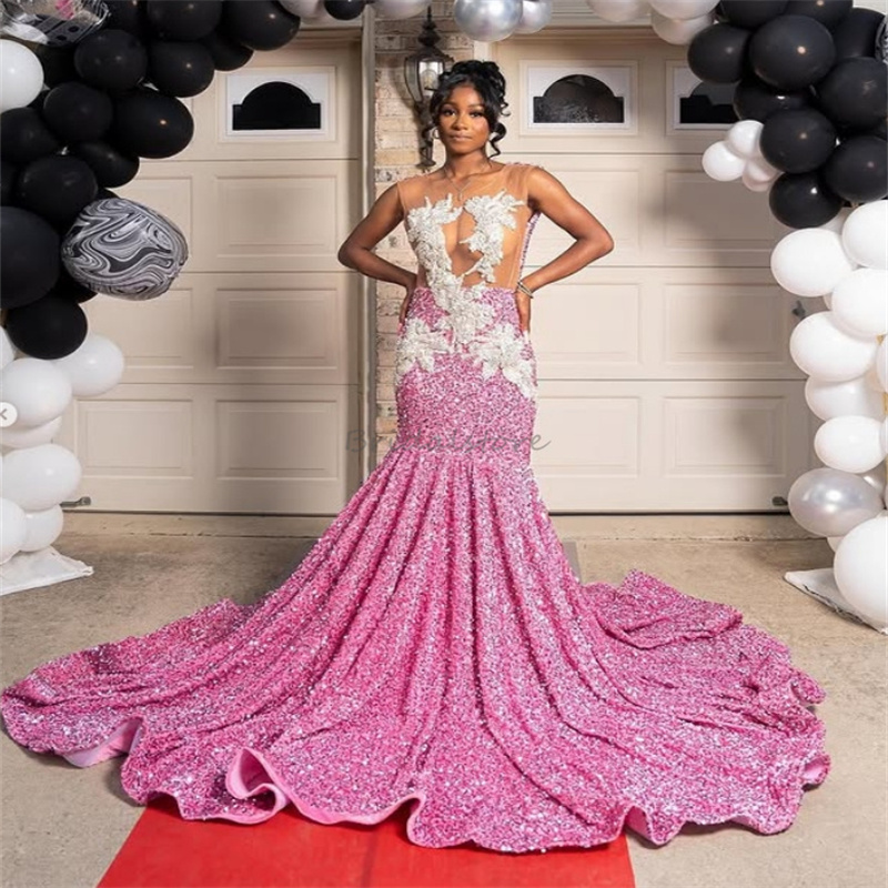 Luxury Pink Prom Dresses For Black Women Luxury Sequins Mermaid Evening Dresses Sleeveless Beaded Birthday Formal Party Night Vestio De Fiesta Ceremon