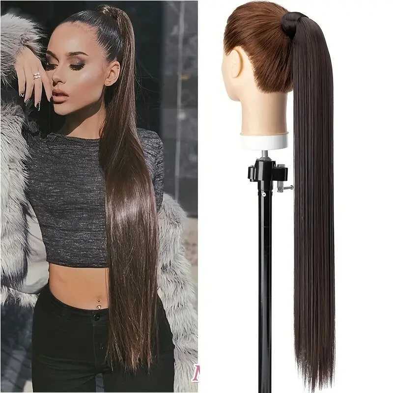 Snoilite Synthetic Long Straight Ponytail Extensions 28 Inch Wrap Around Light Golden Brown Ponytails Hair Piece Pony Tail HairXJ241221
