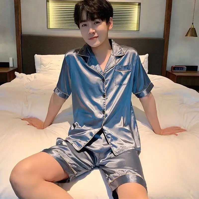 Ice silk sleepwear mens short sleeved thin summer solid color sleepwear large-sized home set W241221