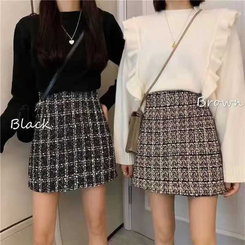 Vintage Plaid Tweed Skirts Thicken Women 2022 Winter Ele Single-Breasted Short Mini Skirt High Waist Fe A-line SkirtXJ241221