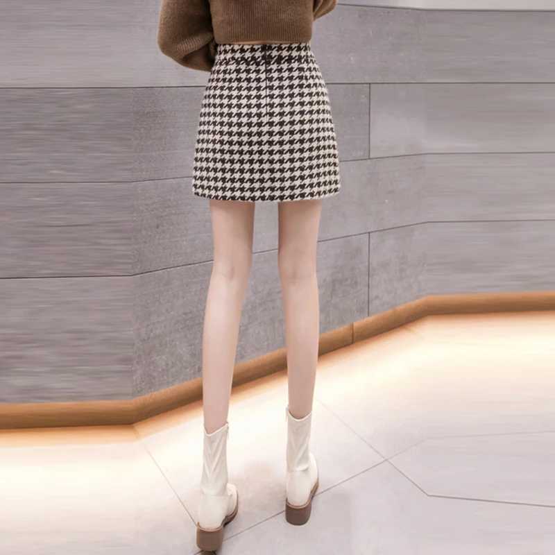 High Waist Retro Houndstooth Winter Wool Pencil Skirt For Women 2023 Casual Vintage Plaid Slim Short Saias FemmeXJ241221
