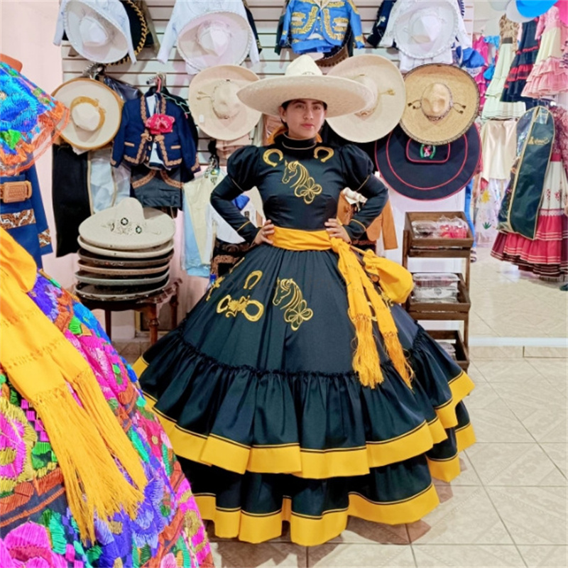Mexican Black Quinceanera Dress Charro Embroidery Horse Long Sleeve Birthday Party Sweet 16 Vestidos De 15 Anos Xv Debutante Costume Gothic Halloween 