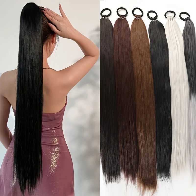 Synthetic Long Straight Rubber band Ponytail hair Extensions With Elastic Band DIY Braided Ponytail For Women Girls BlackXJ241221