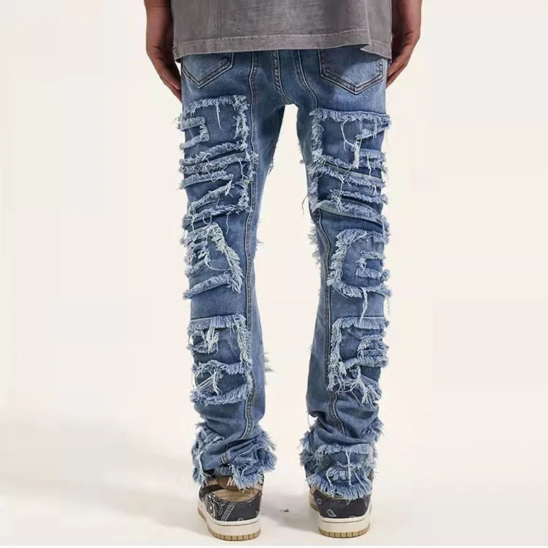Retro Jeans for Men Straight Washed Hole Ripped Distressed Harajuku Hip Hop Loose Denim Trousers Vibe Style Casual Jean Pants 241218