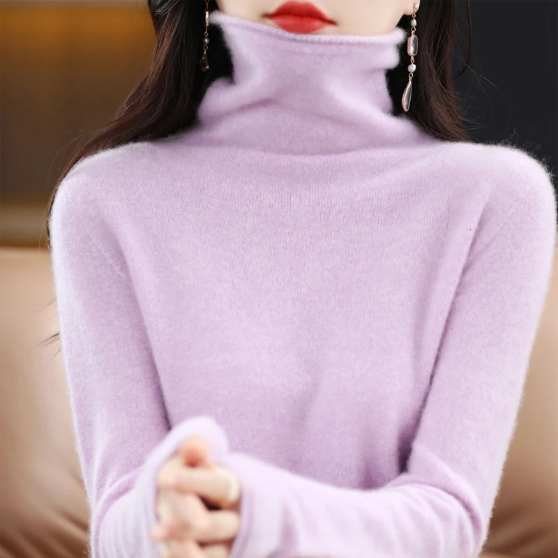 100% Merino Wool Turtleneck Pullover Knitwear Womens Autumn And Winter Warm Sweater Womens Solid Color Pile Neck Sweater 241217
