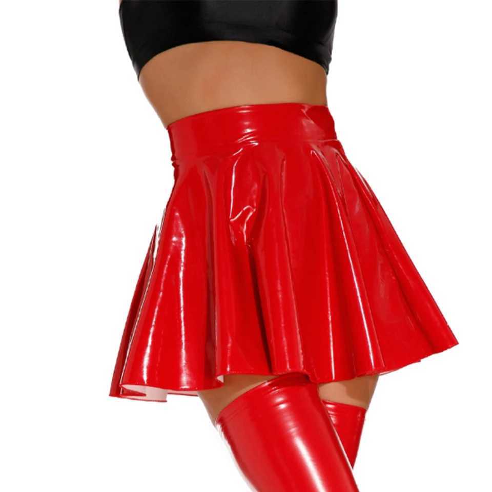 Womens Sexy Wet Look PVC Lacquer Leather Pleated High Waisted Skirt Short Dance Party Clubwear Lingerie Nightclub Fe SkirtsXJ241221