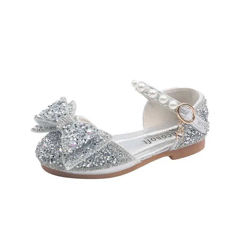 Sandals Childrens Sequins Sandals Girls Sweet Bow Rhinestone Princess Shoes Fashion Non-slip Flat Kids Soft Bottom Sandals H241217