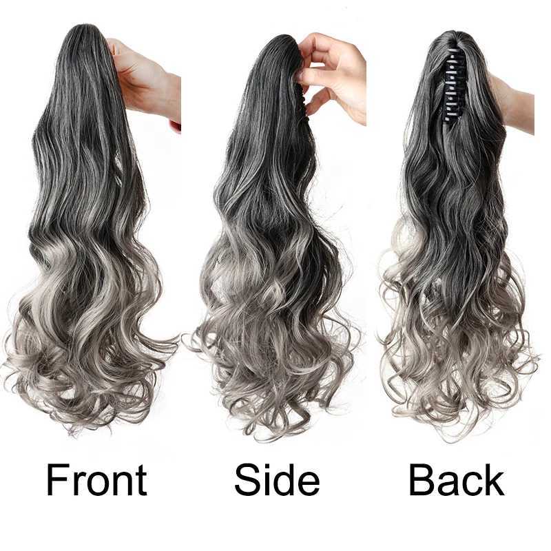 18Inch Synthetic Long Wavy Curly Ponytail Claw Clip in Hair Extension Black Grey Hairpiece for WomenXJ241221