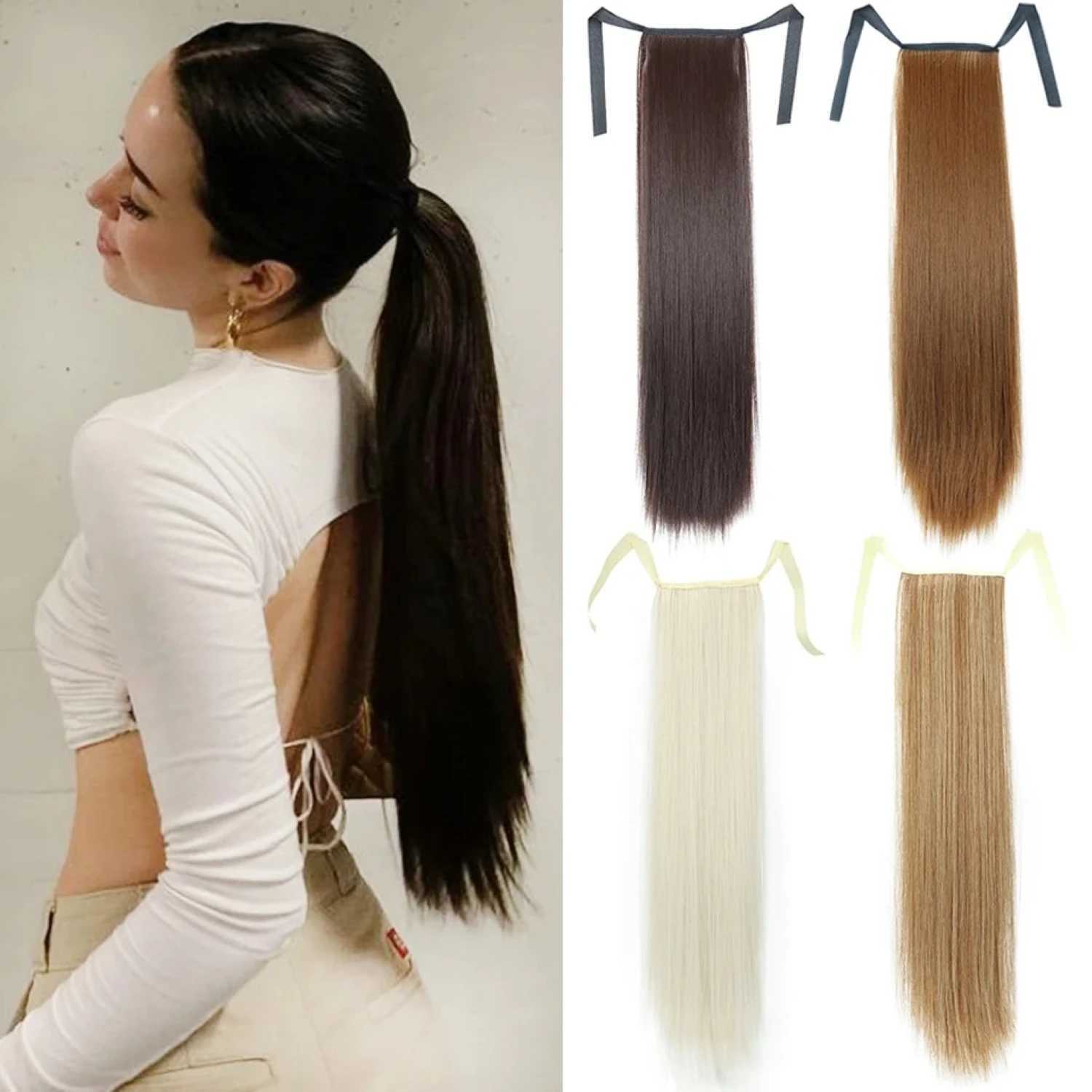45-85cm Synthetic Long Straight Ribbon Fake Ponytails Clip on Hair Tail Extensions Strap ponytail Hair Pieces With HairpinsXJ241221