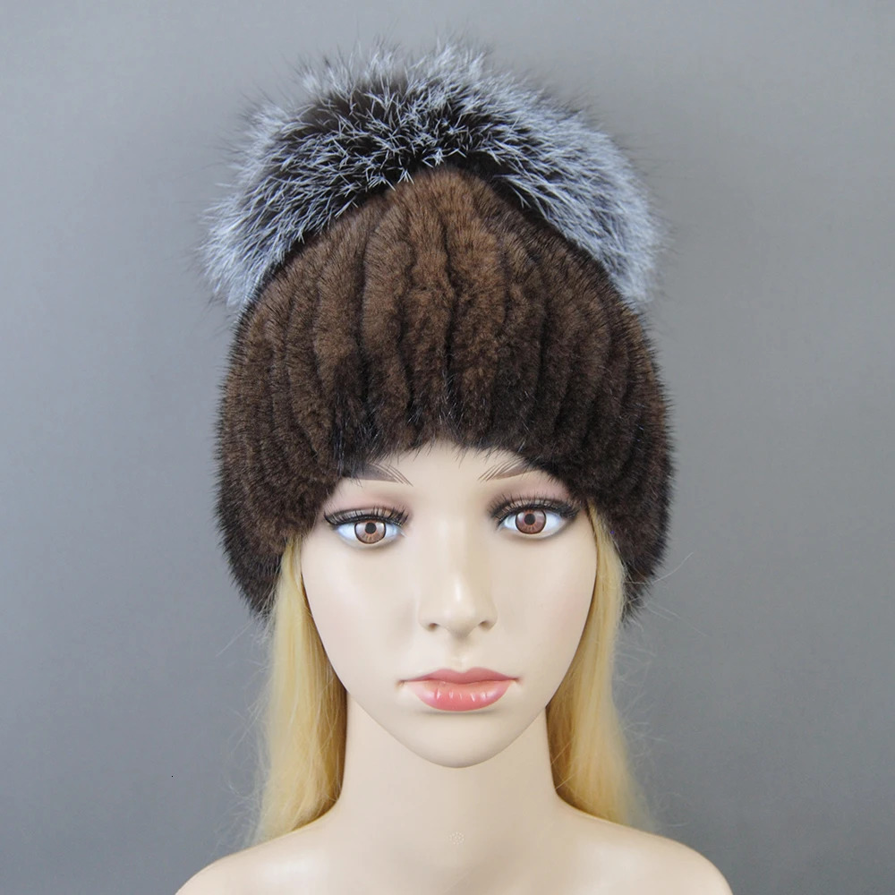 Women Winter Mink Fur Hats Knitted Real Mink Silver Fox Fur Caps Female Russian Winter Warm Real Fur Beanies Hat 241214