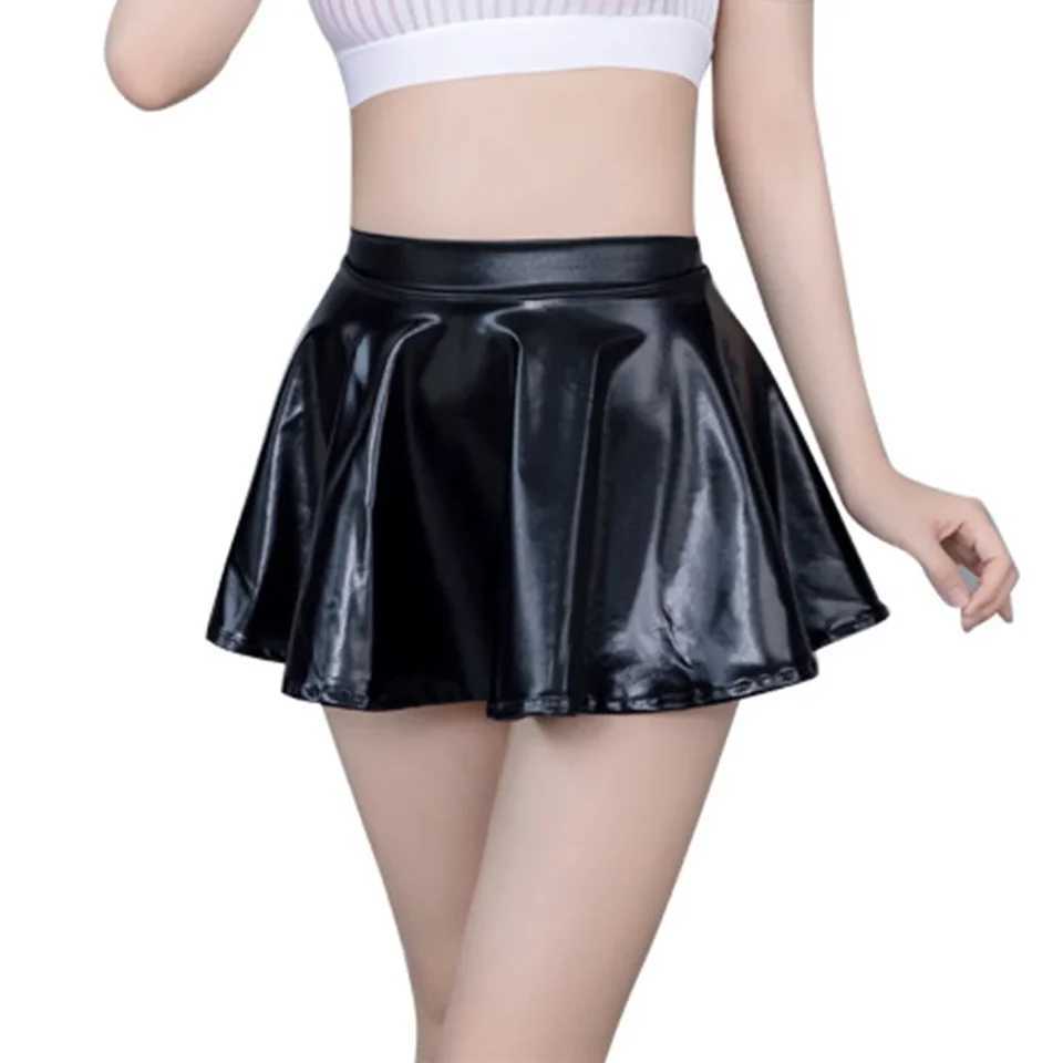 Sexy Womens Lingerie Shinny Black PU Leather Pleated Skirt er Mini Short Skirts Club Party Come Skirts Woman ClothingXJ241221