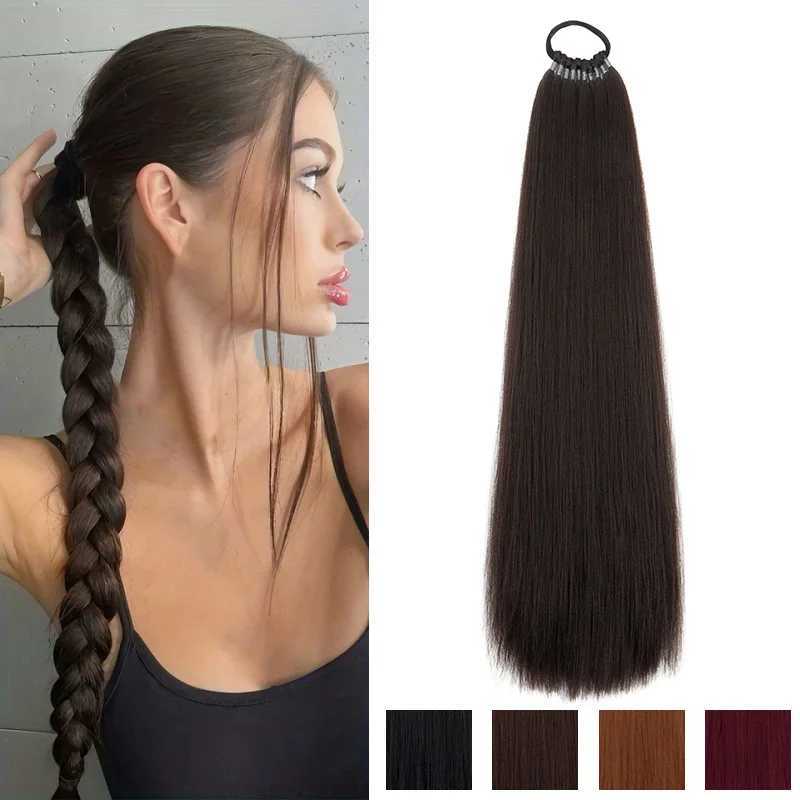 WIGSIN 22Inch Synthetic Ponytail Hair Extension Black Braided Poytail Hairpiece Long Straight Elastic Rubber Band Hair for WomenXJ241221