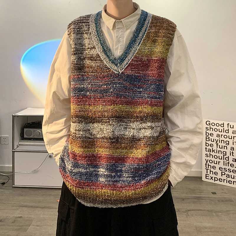 2024 Men Spring Autumn Fashion Contrast Color Knitwear Vest Male Gradient Sweater Waistcoat Mens V-neck Sleeveless Tops K461XJ241221