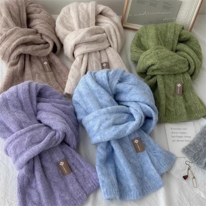 Pure Color Twist Knit Wool Blends Scarf Autumn Winter Lady Men Neckerchief Lovers Student Soft Warm Pashmina Shawl Muffler 241220