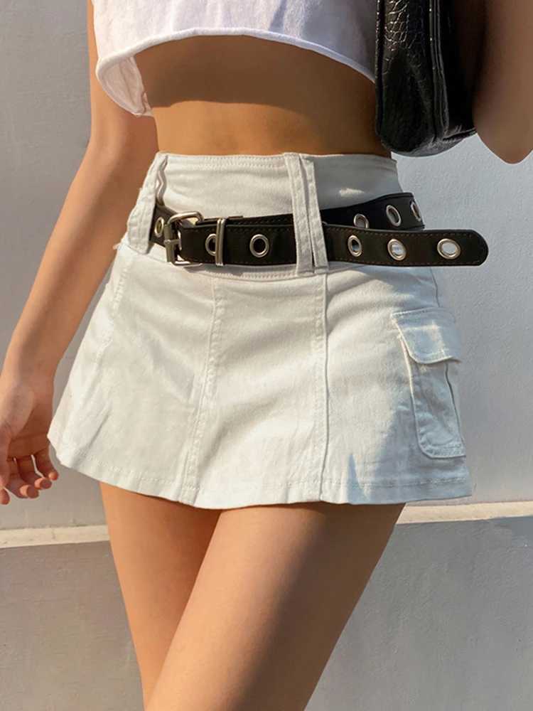Sweetown White A Line Y2K Denim Shorts Skirts Womens Black Side Pocket Casual Cargo Jean Skirt Simple Preppy Tennis OutfitsXJ241221
