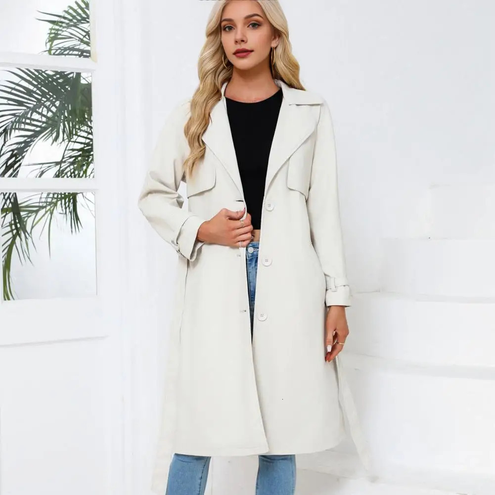 Belted Women Jacket Stylish Laceup Faux Leather Coat for Mid Length Windproof with Turndown Collar 241216