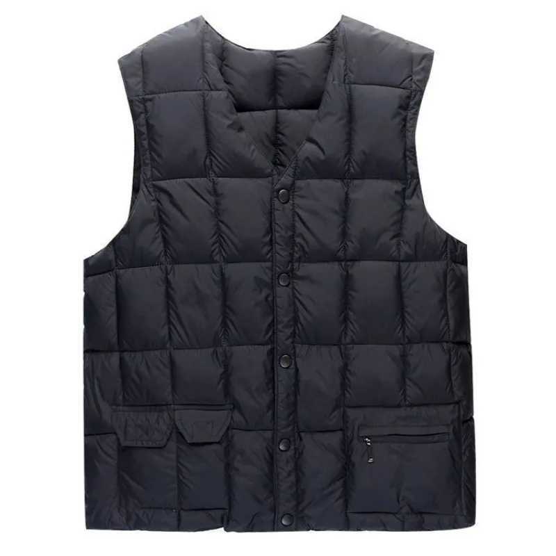 Mens Down Vest Jacket Winter Warm Sleeveless Tops Thickened Wear-resistant Zipper Coat Solid Lattice V-neck Loose VestsXJ241221